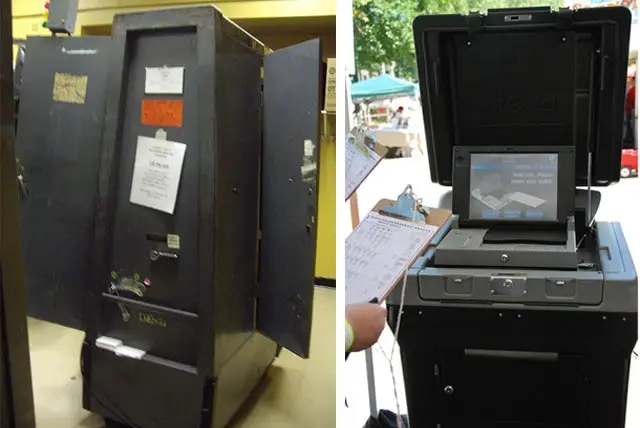 Left photograph of an old school voting machine by urzzz on Flickr and right photograph of a new scanner-style voting machine by thoth1618 on Flickr